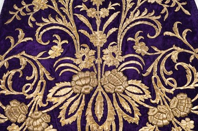 Lot 270 - A FINE OTTOMAN METAL-THREAD EMBROIDERED PURPLE VELVET BRIDAL ROBE WITH MATCHING HAT
