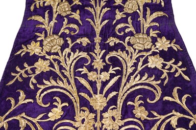 Lot 270 - A FINE OTTOMAN METAL-THREAD EMBROIDERED PURPLE VELVET BRIDAL ROBE WITH MATCHING HAT