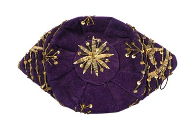 Lot 270 - A FINE OTTOMAN METAL-THREAD EMBROIDERED PURPLE VELVET BRIDAL ROBE WITH MATCHING HAT