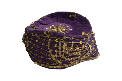 Lot 270 - A FINE OTTOMAN METAL-THREAD EMBROIDERED PURPLE VELVET BRIDAL ROBE WITH MATCHING HAT