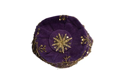 Lot 270 - A FINE OTTOMAN METAL-THREAD EMBROIDERED PURPLE VELVET BRIDAL ROBE WITH MATCHING HAT