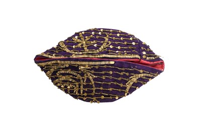 Lot 270 - A FINE OTTOMAN METAL-THREAD EMBROIDERED PURPLE VELVET BRIDAL ROBE WITH MATCHING HAT