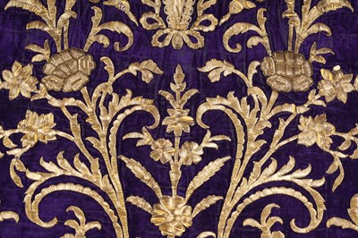 Lot 270 - A FINE OTTOMAN METAL-THREAD EMBROIDERED PURPLE VELVET BRIDAL ROBE WITH MATCHING HAT