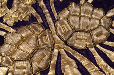 Lot 270 - A FINE OTTOMAN METAL-THREAD EMBROIDERED PURPLE VELVET BRIDAL ROBE WITH MATCHING HAT