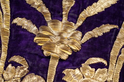Lot 270 - A FINE OTTOMAN METAL-THREAD EMBROIDERED PURPLE VELVET BRIDAL ROBE WITH MATCHING HAT