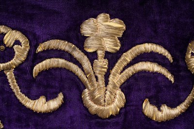 Lot 270 - A FINE OTTOMAN METAL-THREAD EMBROIDERED PURPLE VELVET BRIDAL ROBE WITH MATCHING HAT
