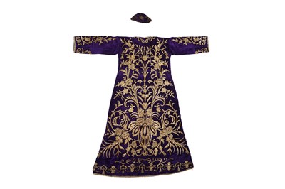 Lot 270 - A FINE OTTOMAN METAL-THREAD EMBROIDERED PURPLE VELVET BRIDAL ROBE WITH MATCHING HAT