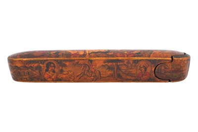 Lot 102 - A QAJAR LACQUERED PAPIER-MÂCHÉ PEN CASE (QALAMDAN) WITH PRINCESS SHIRIN BATHING
