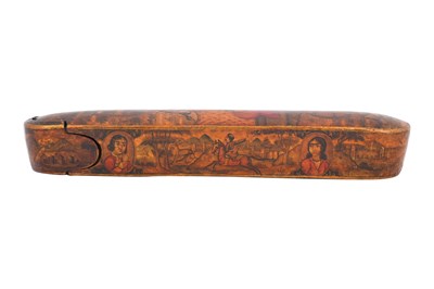 Lot 102 - A QAJAR LACQUERED PAPIER-MÂCHÉ PEN CASE (QALAMDAN) WITH PRINCESS SHIRIN BATHING