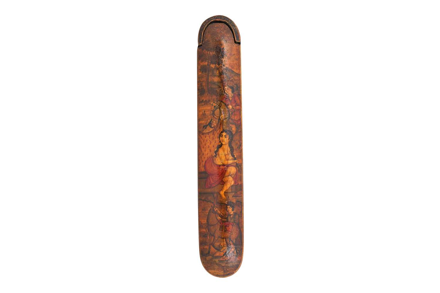 Lot 102 - A QAJAR LACQUERED PAPIER-MÂCHÉ PEN CASE (QALAMDAN) WITH PRINCESS SHIRIN BATHING