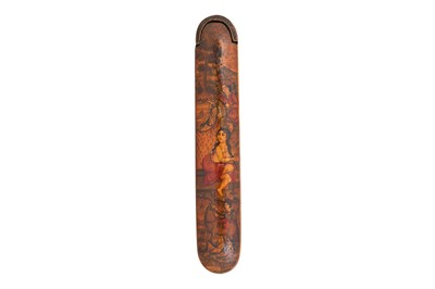 Lot 102 - A QAJAR LACQUERED PAPIER-MÂCHÉ PEN CASE (QALAMDAN) WITH PRINCESS SHIRIN BATHING