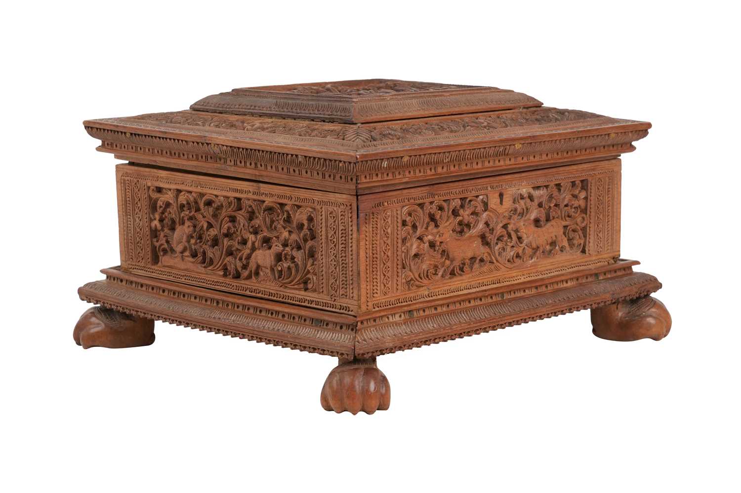 Lot 160 - A FINELY CARVED INDIAN SANDALWOOD BOX WITH JUNGLE SCENE