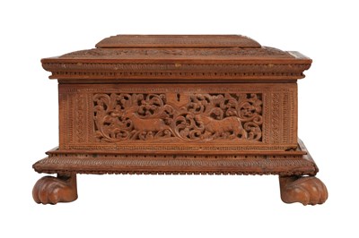 Lot 160 - A FINELY CARVED INDIAN SANDALWOOD BOX WITH JUNGLE SCENE