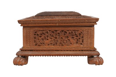 Lot 160 - A FINELY CARVED INDIAN SANDALWOOD BOX WITH JUNGLE SCENE