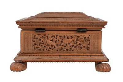 Lot 160 - A FINELY CARVED INDIAN SANDALWOOD BOX WITH JUNGLE SCENE