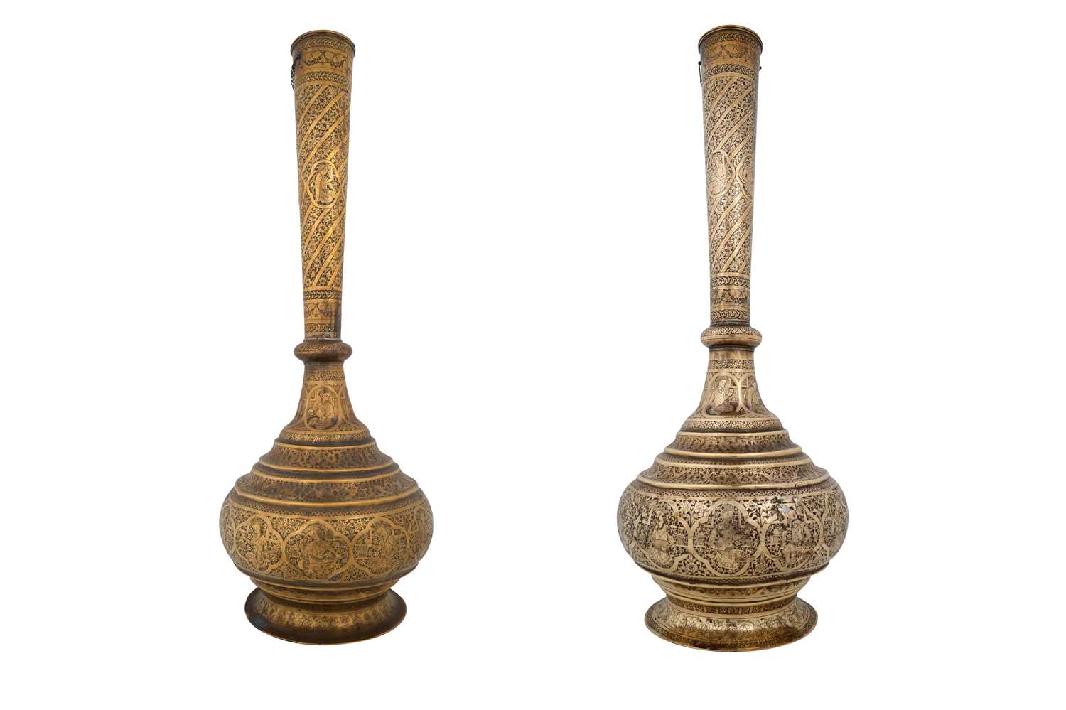 Lot 183 - A PAIR OF ZAND-STYLE QAJAR MONUMENTAL BRASS VASES