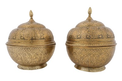 Lot 182 - A PAIR OF OPENWORK ZAND-STYLE QAJAR BRASS LIDDED INCENSE BURNERS