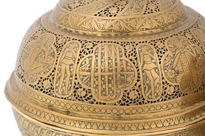 Lot 182 - A PAIR OF OPENWORK ZAND-STYLE QAJAR BRASS LIDDED INCENSE BURNERS