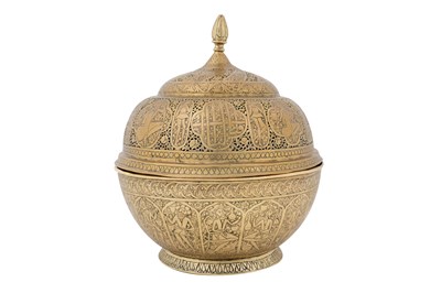 Lot 182 - A PAIR OF OPENWORK ZAND-STYLE QAJAR BRASS LIDDED INCENSE BURNERS