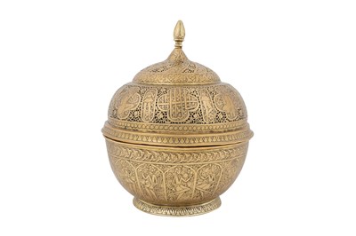 Lot 182 - A PAIR OF OPENWORK ZAND-STYLE QAJAR BRASS LIDDED INCENSE BURNERS