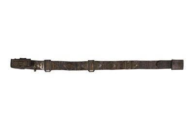 Lot 215 - A SAFAVID LEATHER BELT WITH STEEL BUCKLE AND OPENWORK BRASS FITTINGS