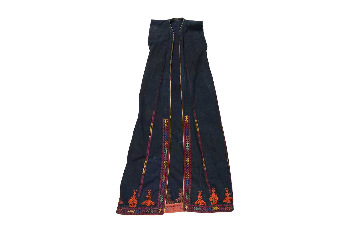 Lot 269 - A PALESTINIAN SLEEVELESS INDIGO BLUE-DYED LINEN JILLAYEH COAT WITH KASSABA EMBROIDERY