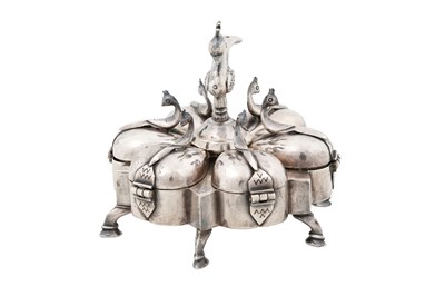 Lot 221 - AN INDIAN SILVER MASALADAN SPICE CONTAINER WITH PEACOCKS