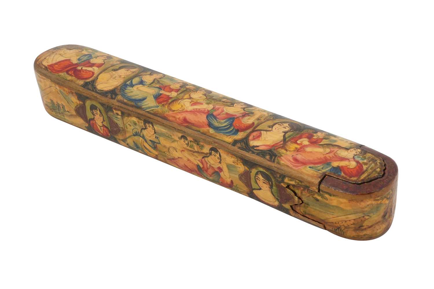 Lot 108 - A QAJAR LACQUERED PAPIER-MÂCHÉ PEN CASE (QALAMDAN) WITH QAJAR BEAUTIES