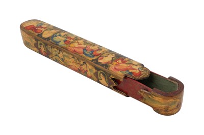 Lot 108 - A QAJAR LACQUERED PAPIER-MÂCHÉ PEN CASE (QALAMDAN) WITH QAJAR BEAUTIES