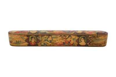 Lot 108 - A QAJAR LACQUERED PAPIER-MÂCHÉ PEN CASE (QALAMDAN) WITH QAJAR BEAUTIES