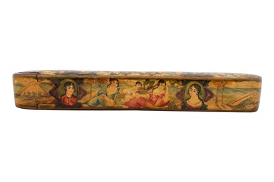 Lot 108 - A QAJAR LACQUERED PAPIER-MÂCHÉ PEN CASE (QALAMDAN) WITH QAJAR BEAUTIES
