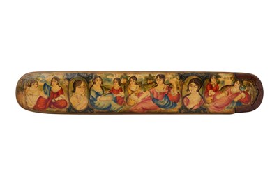Lot 108 - A QAJAR LACQUERED PAPIER-MÂCHÉ PEN CASE (QALAMDAN) WITH QAJAR BEAUTIES