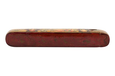 Lot 108 - A QAJAR LACQUERED PAPIER-MÂCHÉ PEN CASE (QALAMDAN) WITH QAJAR BEAUTIES