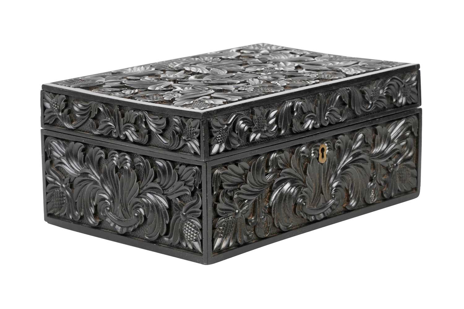 Lot 165 - λ A SINHALESE CARVED EBONY LIDDED BOX WITH IVORY-INLAID FLOWER VASE DECORATION