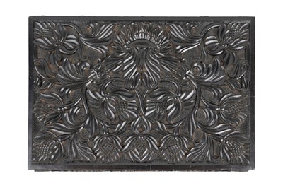 Lot 165 - λ A SINHALESE CARVED EBONY LIDDED BOX WITH IVORY-INLAID FLOWER VASE DECORATION