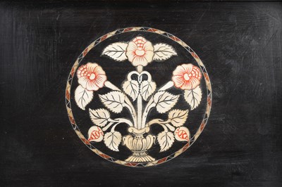 Lot 165 - λ A SINHALESE CARVED EBONY LIDDED BOX WITH IVORY-INLAID FLOWER VASE DECORATION