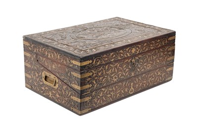 Lot 163 - A BRASS WIRE-INLAID CARVED WOOD WRITING BOX BELONGING TO THE MINISTER OF THE JAIPUR STATE