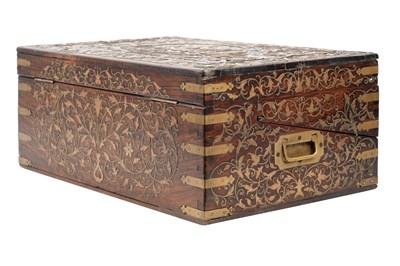 Lot 163 - A BRASS WIRE-INLAID CARVED WOOD WRITING BOX BELONGING TO THE MINISTER OF THE JAIPUR STATE