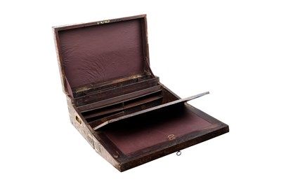 Lot 163 - A BRASS WIRE-INLAID CARVED WOOD WRITING BOX BELONGING TO THE MINISTER OF THE JAIPUR STATE