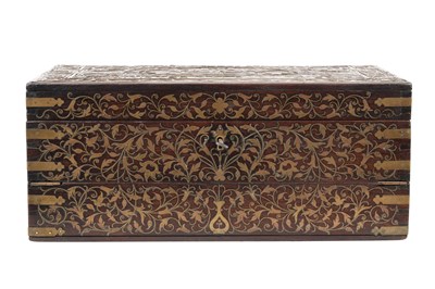Lot 163 - A BRASS WIRE-INLAID CARVED WOOD WRITING BOX BELONGING TO THE MINISTER OF THE JAIPUR STATE