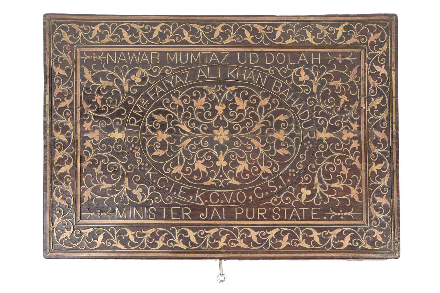 Lot 163 - A BRASS WIRE-INLAID CARVED WOOD WRITING BOX BELONGING TO THE MINISTER OF THE JAIPUR STATE