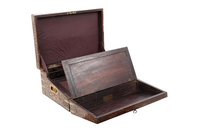 Lot 163 - A BRASS WIRE-INLAID CARVED WOOD WRITING BOX BELONGING TO THE MINISTER OF THE JAIPUR STATE