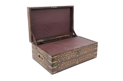 Lot 163 - A BRASS WIRE-INLAID CARVED WOOD WRITING BOX BELONGING TO THE MINISTER OF THE JAIPUR STATE