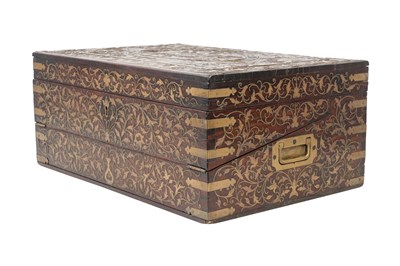 Lot 163 - A BRASS WIRE-INLAID CARVED WOOD WRITING BOX BELONGING TO THE MINISTER OF THE JAIPUR STATE
