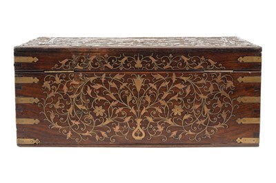 Lot 163 - A BRASS WIRE-INLAID CARVED WOOD WRITING BOX BELONGING TO THE MINISTER OF THE JAIPUR STATE