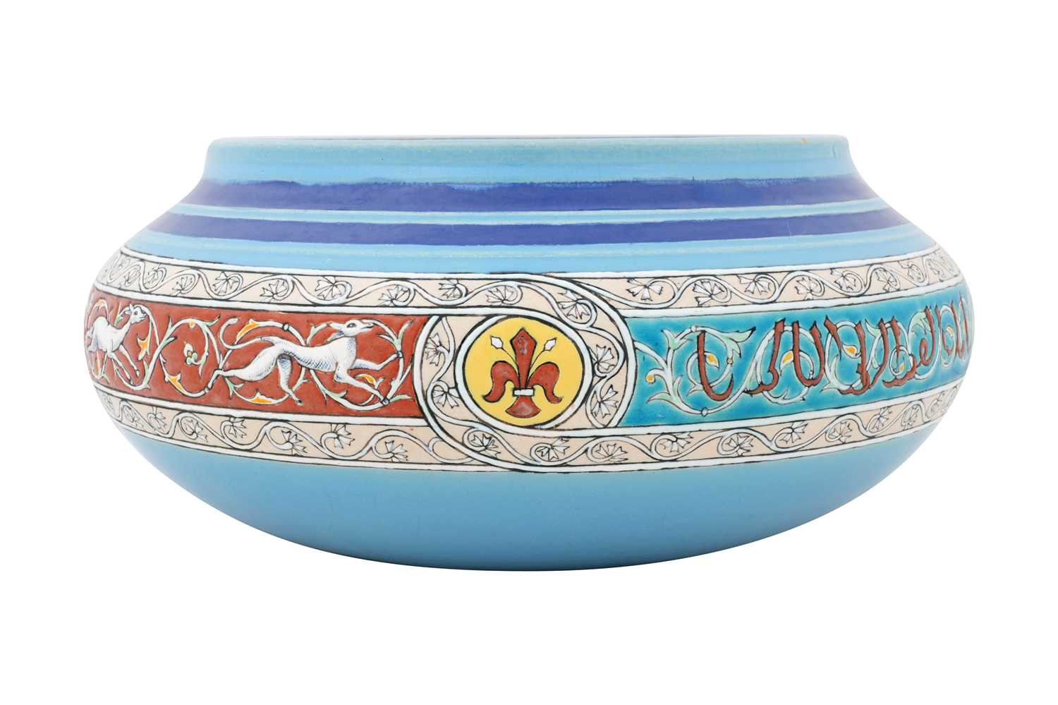 Lot 125 - AN ELABORATE ISLAMIC-STYLE POLYCHROME-PAINTED FRENCH FAIENCE POTTERY BOWL