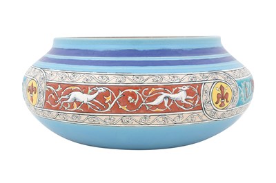 Lot 125 - AN ELABORATE ISLAMIC-STYLE POLYCHROME-PAINTED FRENCH FAIENCE POTTERY BOWL