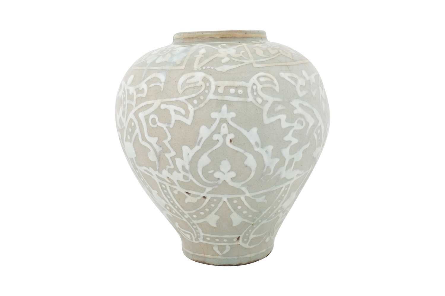 Lot 130 - AN IRANIAN SAFAVID-STYLE CELADON POTTERY VASE WITH CROSS DESIGN