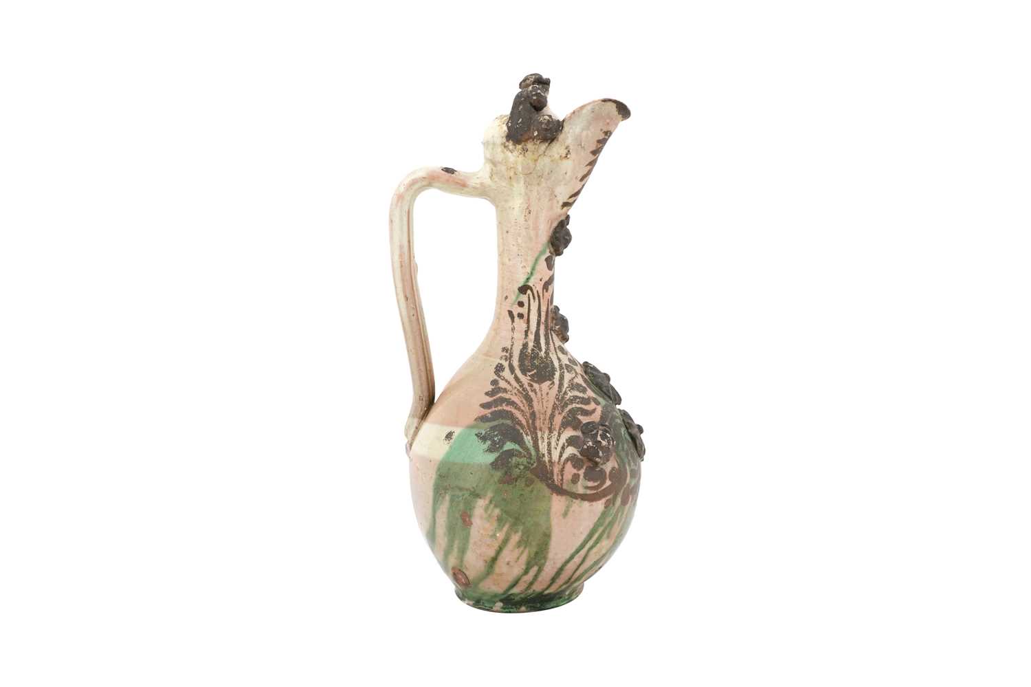 Lot 119 - A LARGE GOLD-ENAMELLED AND GREEN-SPLASHED WHITE-GLAZED CANAKKALE POTTERY EWER