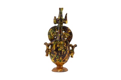 Lot 116 - AN UNUSUAL AND RARE POLYCHROME-SPLASHED AMBER-GLAZED CANAKKALE POTTERY VASE